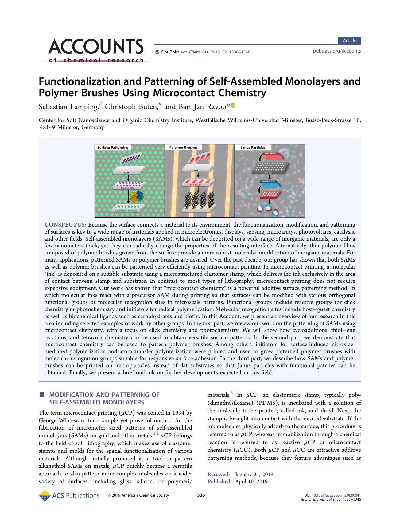Functionalization and Patterning of Self-Assembled Monolayers and Polymer Brushes Using Microcontact Chemistry by Sebastian Lamping; Christoph Buten; Bart Jan Ravoo & Christoph Buten & Bart Jan Ravoo