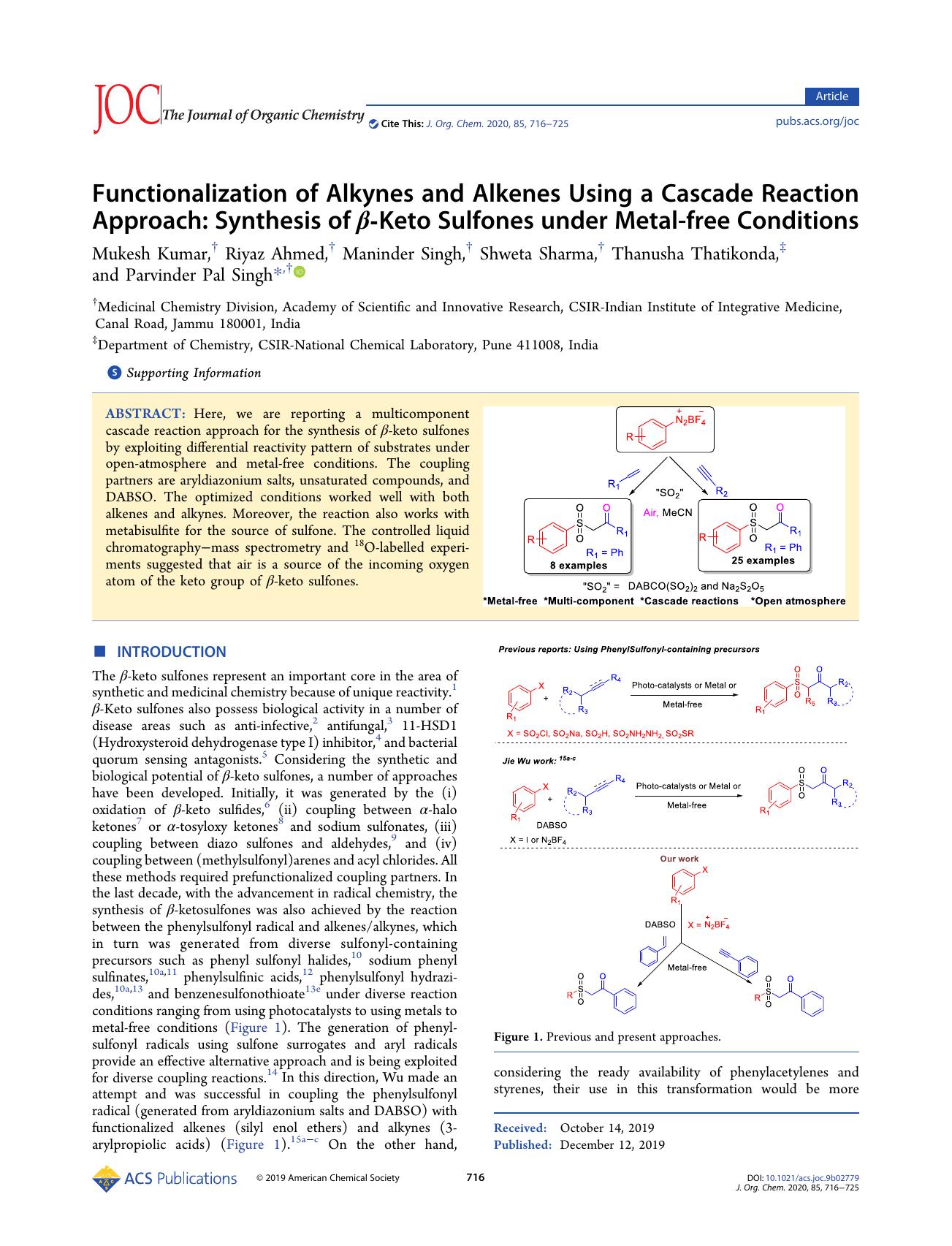 Functionalization of Alkynes and Alkenes Using a Cascade Reaction Approach: Synthesis of β-Keto Sulfones under Metal-free Conditions by unknow