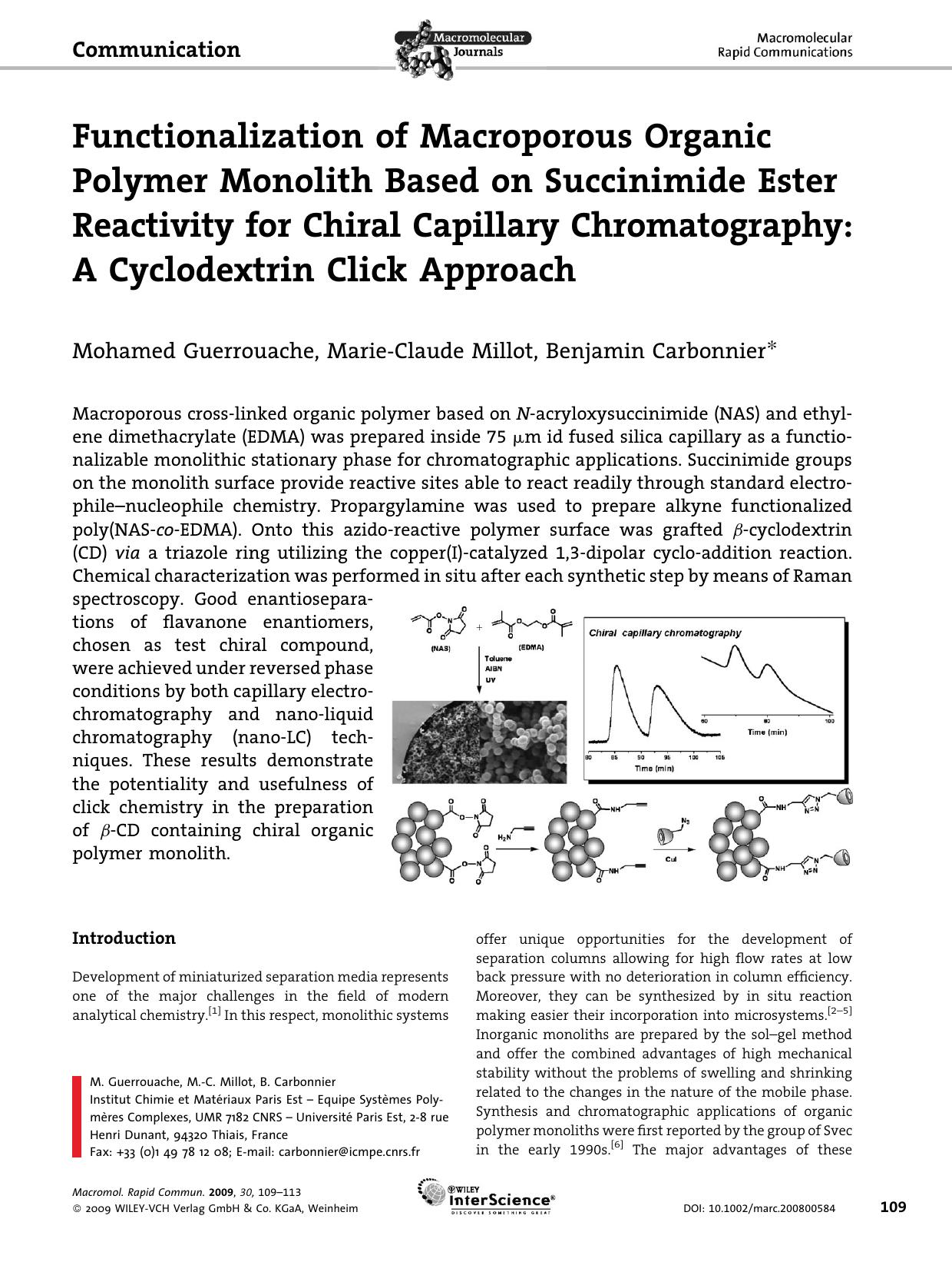 Functionalization of Macroporous Organic Polymer Monolith Based on Succinimide Ester Reactivity for Chiral Capillary Chromatography: A Cyclodextrin Click Approach by Unknown