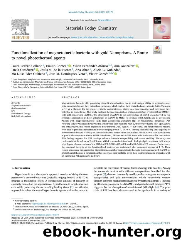 Functionalization of magnetotactic bacteria with gold Nanoprisms. A Route to novel photothermal agents by unknow