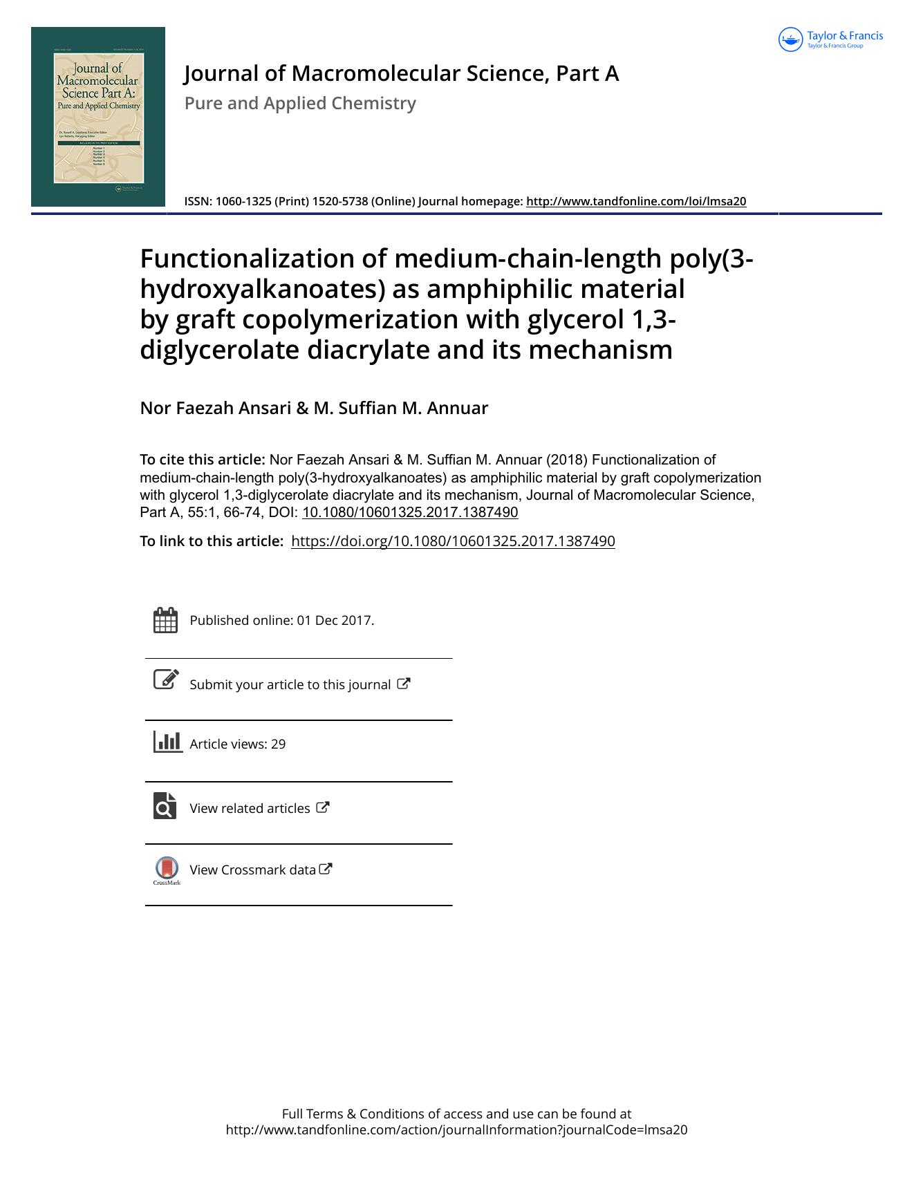 Functionalization of medium-chain-length poly\(3-hydroxyalkanoates\) as amphiphilic material by graft copolymerization with glycerol 1,3-diglycerolate diacrylate and its mechanism by Nor Faezah Ansari & M. Suffian M. Annuar