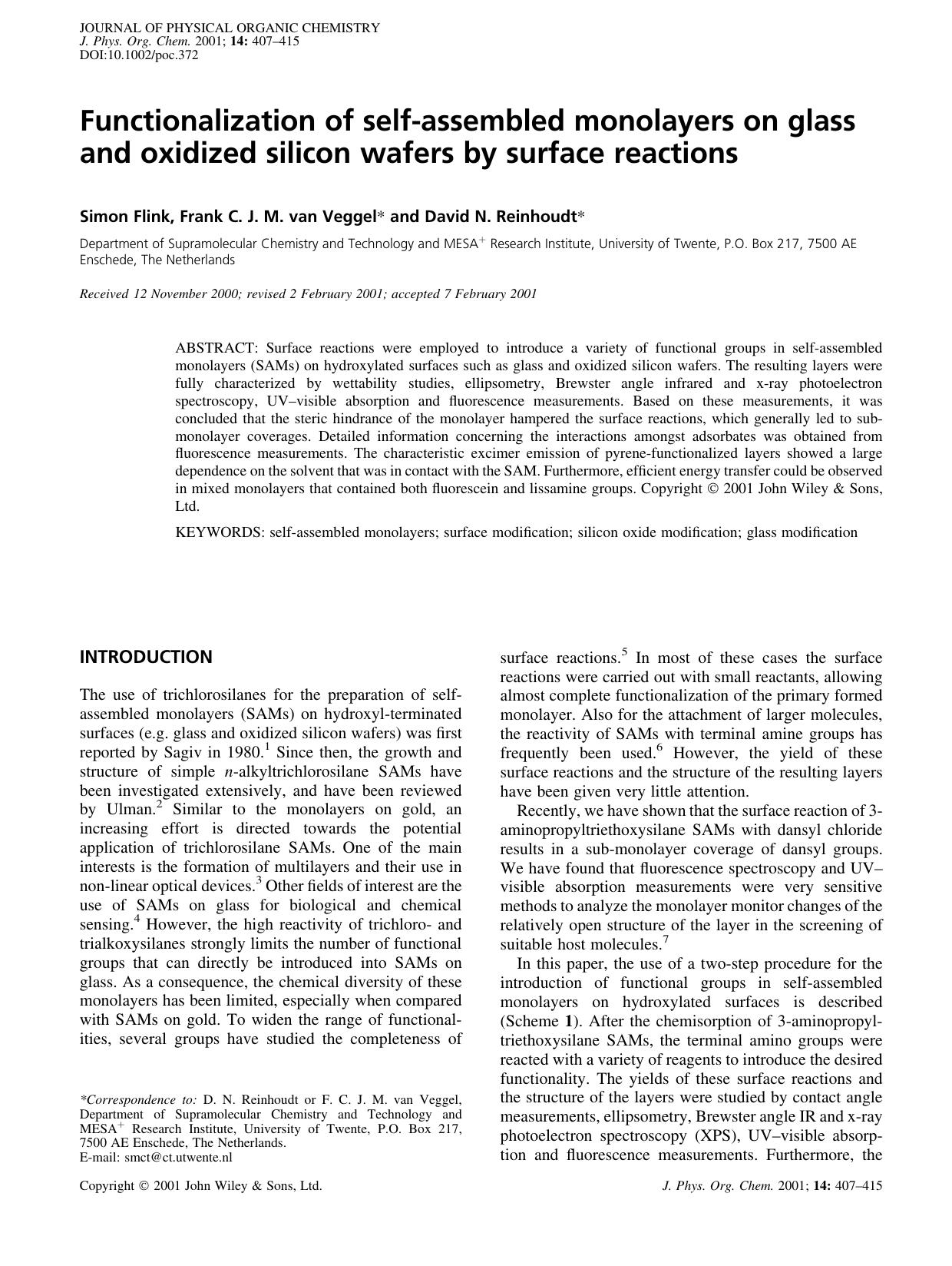 Functionalization of self-assembled monolayers on glass and oxidized silicon wafers by surface reactions by Unknown