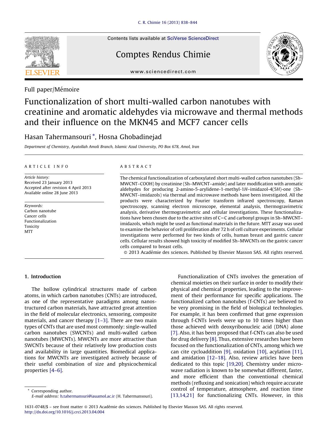Functionalization of short multi-walled carbon nanotubes with creatinine and aromatic aldehydes via microwave and thermal methods and their influence on the MKN45 and MCF7 cancer cells by Hasan Tahermansouri & Hosna Ghobadinejad
