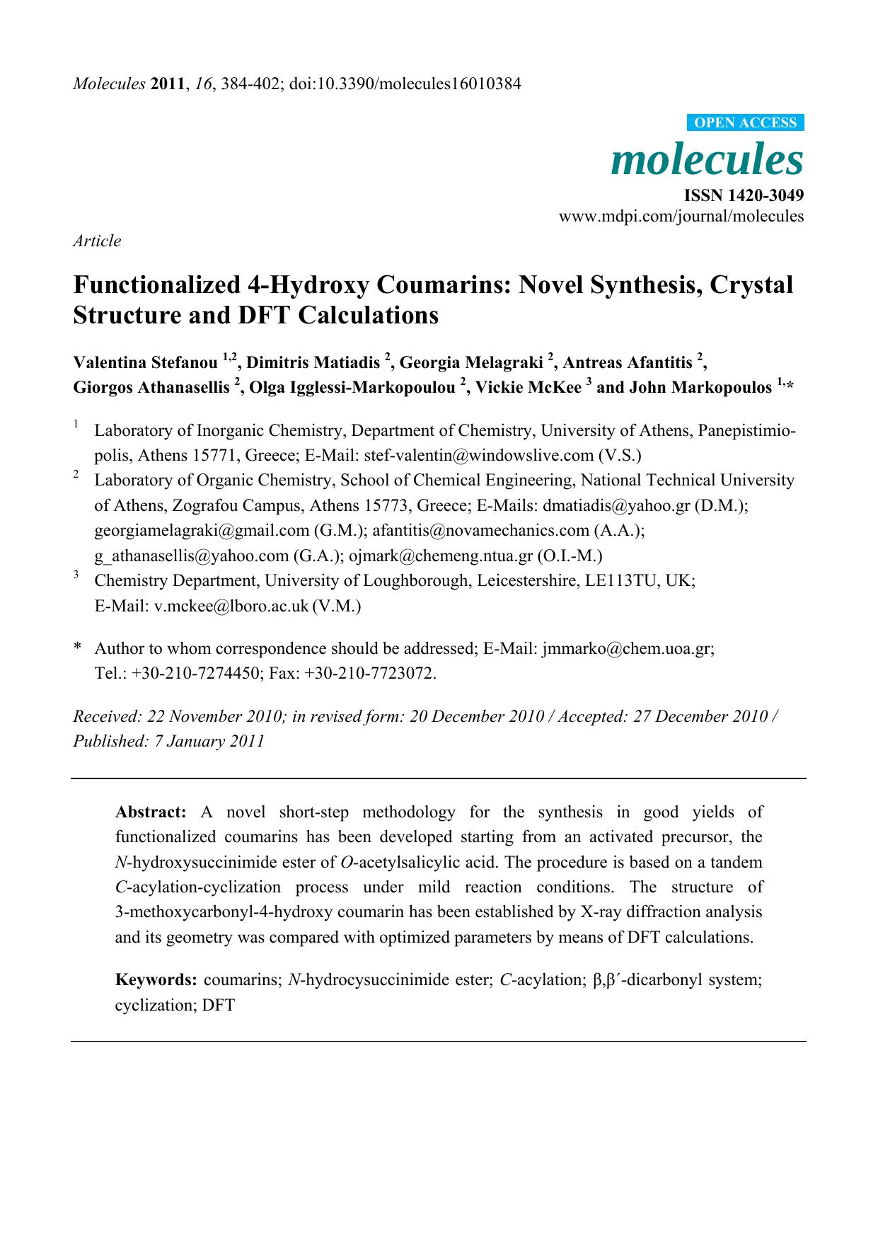 Functionalized 4-Hydroxy Coumarins: Novel Synthesis, Crystal Structure and DFT Calculations by unknow