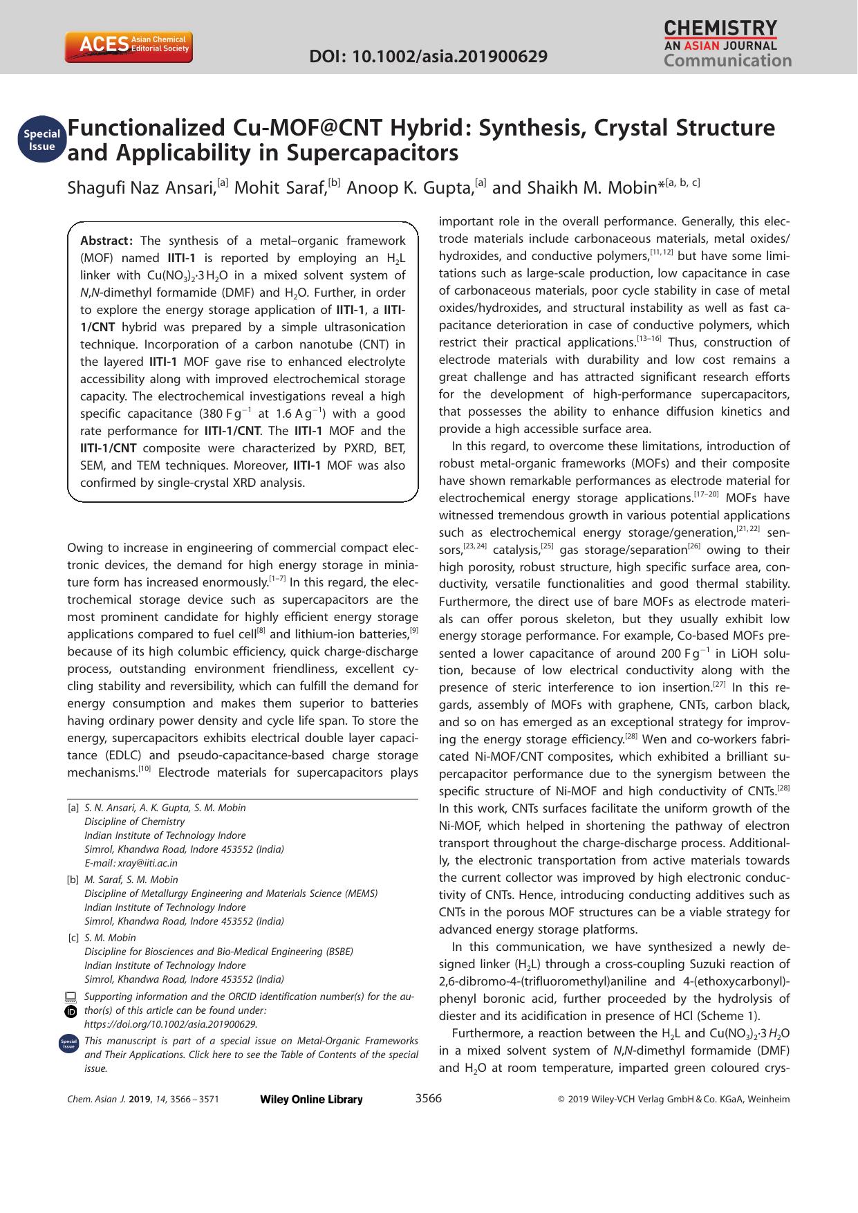 Functionalized CuâMOF@CNT Hybrid: Synthesis, Crystal Structure and Applicability in Supercapacitors by Unknown