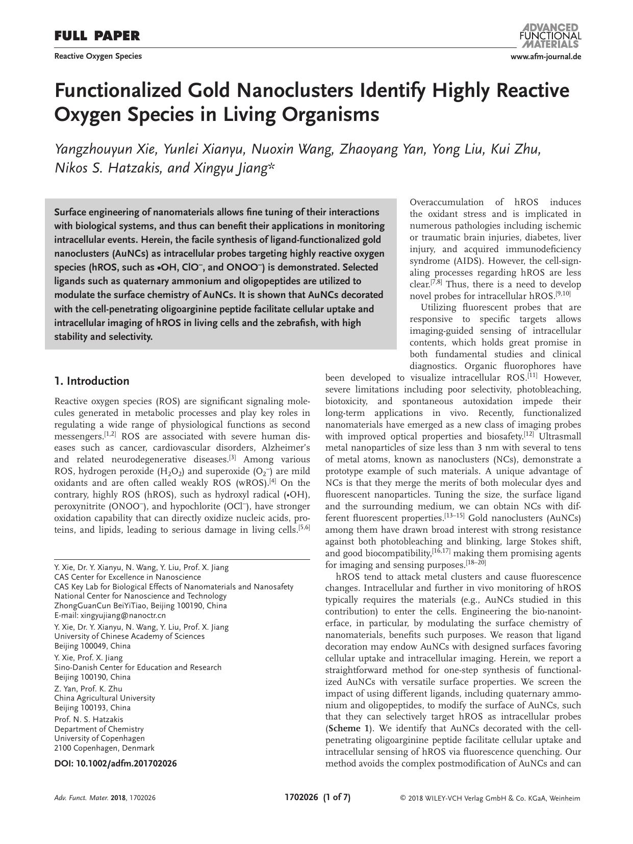 Functionalized Gold Nanoclusters Identify Highly Reactive Oxygen Species in Living Organisms by Unknown