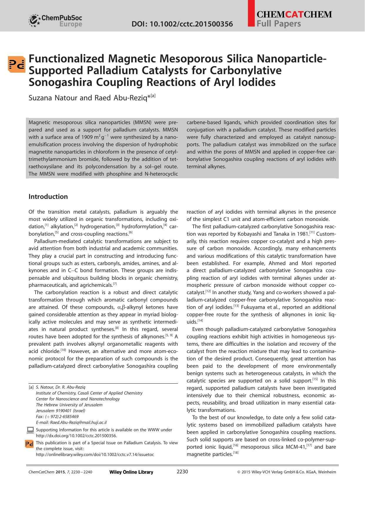 Functionalized Magnetic Mesoporous Silica NanoparticleSupported Palladium Catalysts for Carbonylative Sonogashira Coupling Reactions of Aryl Iodides by Unknown
