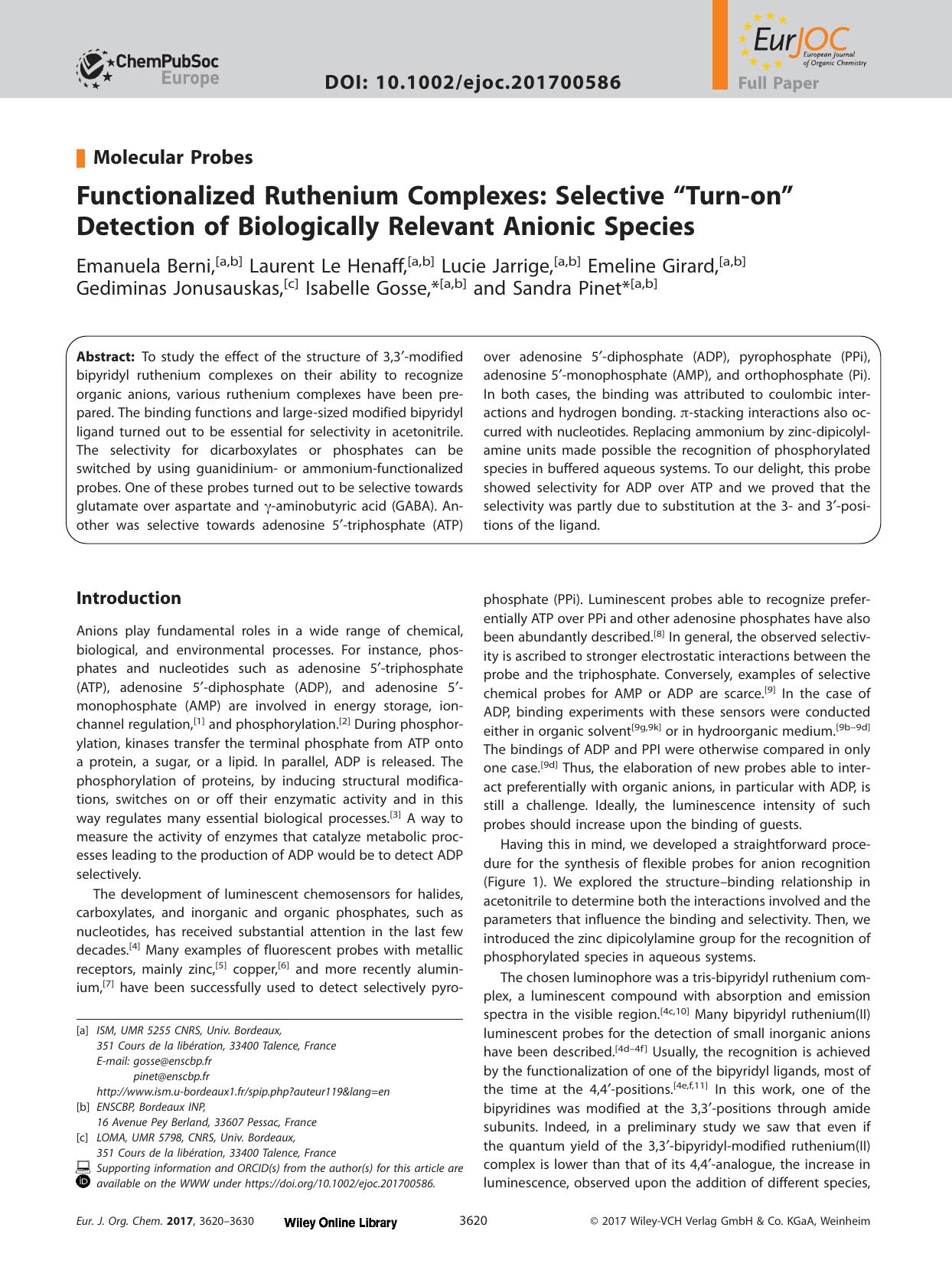 Functionalized Ruthenium Complexes: Selective “Turn‐on” Detection of Biologically Relevant Anionic Species by Unknown