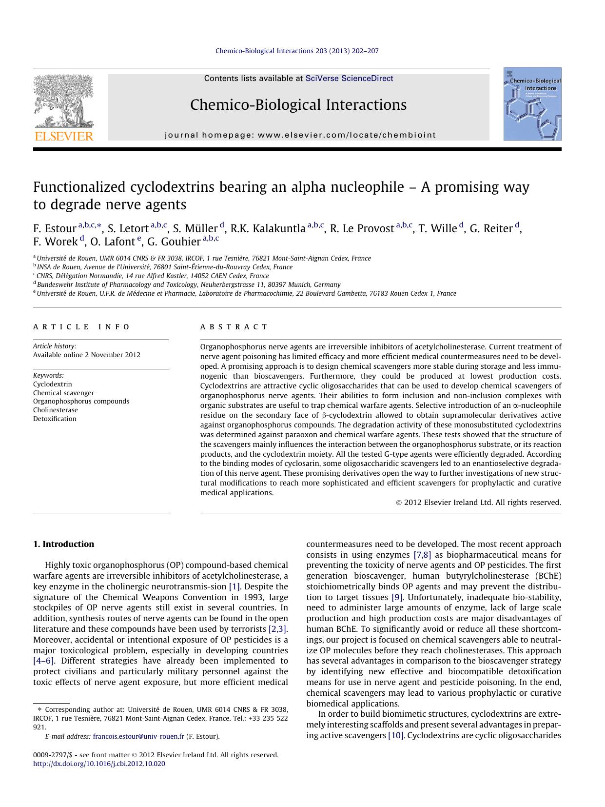 Functionalized cyclodextrins bearing an alpha nucleophile Ã¢â¬â A promising way to degrade nerve agents by unknow