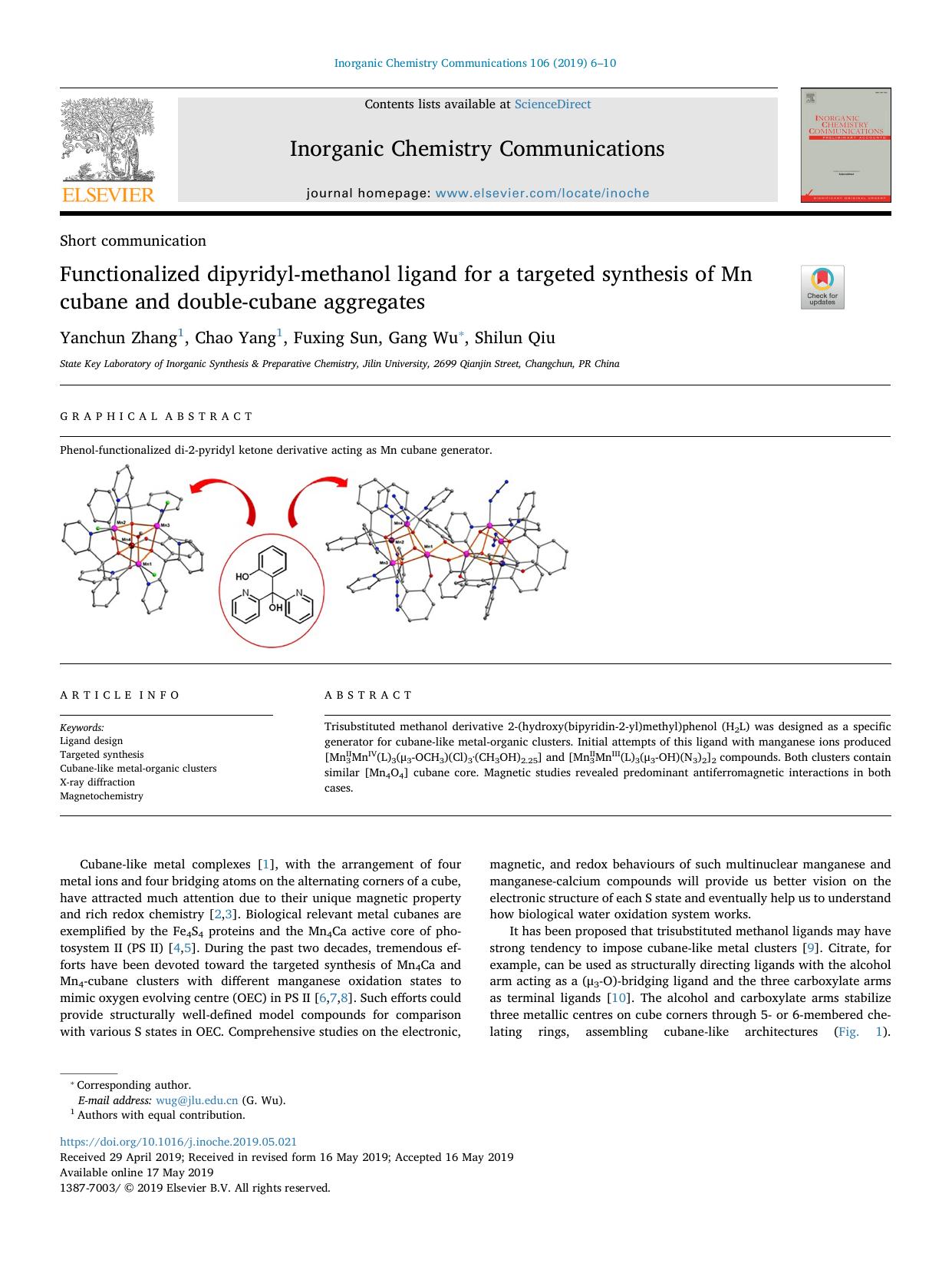 Functionalized dipyridyl-methanol ligand for a targeted synthesis of Mn cubane and double-cubane aggregates by Yanchun Zhang & Chao Yang & Fuxing Sun & Gang Wu & Shilun Qiu
