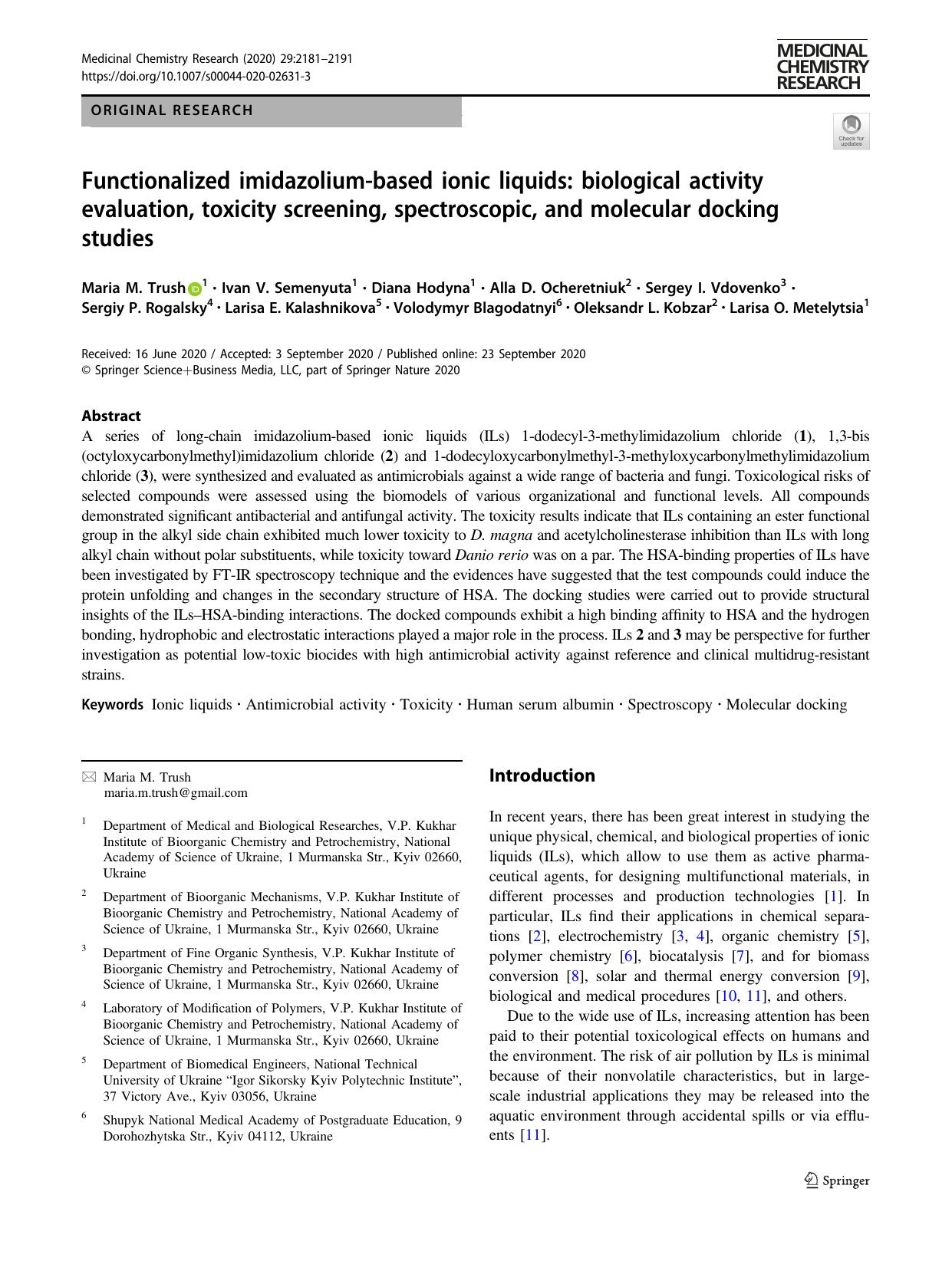 Functionalized imidazolium-based ionic liquids: biological activity evaluation, toxicity screening, spectroscopic, and molecular docking studies by unknow
