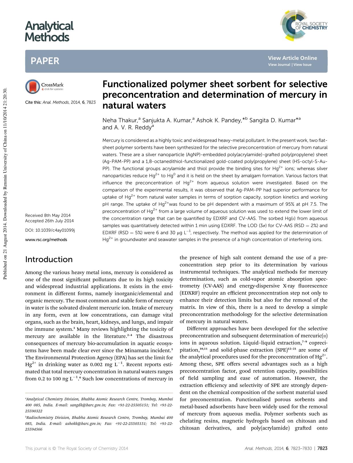 Functionalized polymer sheet sorbent for selective preconcentration and determination of mercury in natural waters by Neha Thakur & Sanjukta A. Kumar & Ashok K. Pandey & Sangita D. Kumar & A. V. R. Reddy