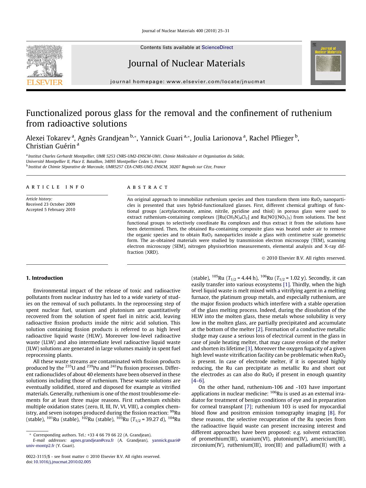 Functionalized porous glass for the removal and the confinement of ruthenium from radioactive solutions by unknow