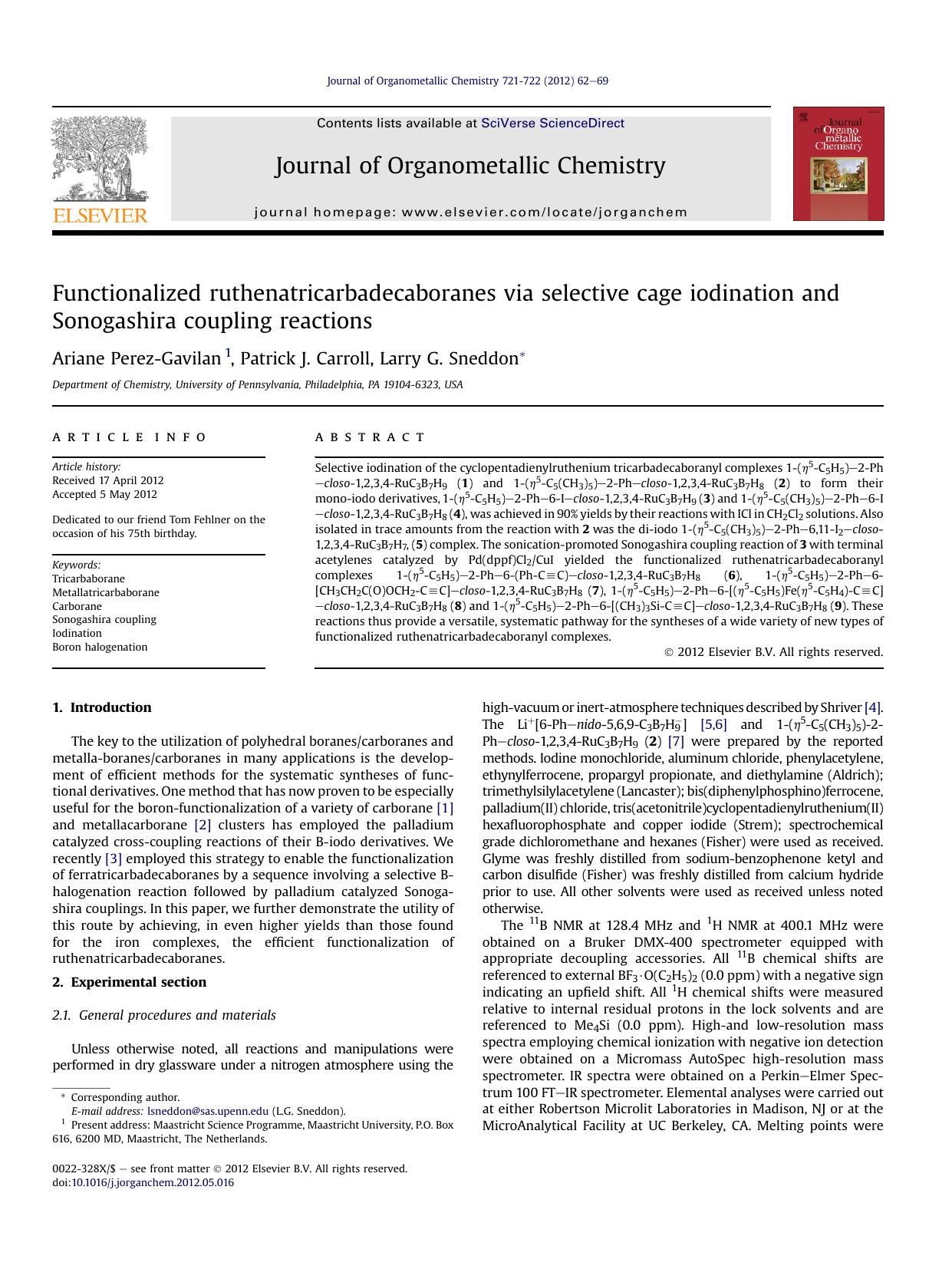 Functionalized ruthenatricarbadecaboranes via selective cage iodination and Sonogashira coupling reactions by Ariane Perez-Gavilan & Patrick J. Carroll & Larry G. Sneddon