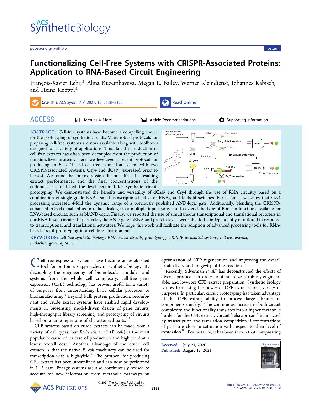 Functionalizing Cell-Free Systems with CRISPR-Associated Proteins: Application to RNA-Based Circuit Engineering by unknow