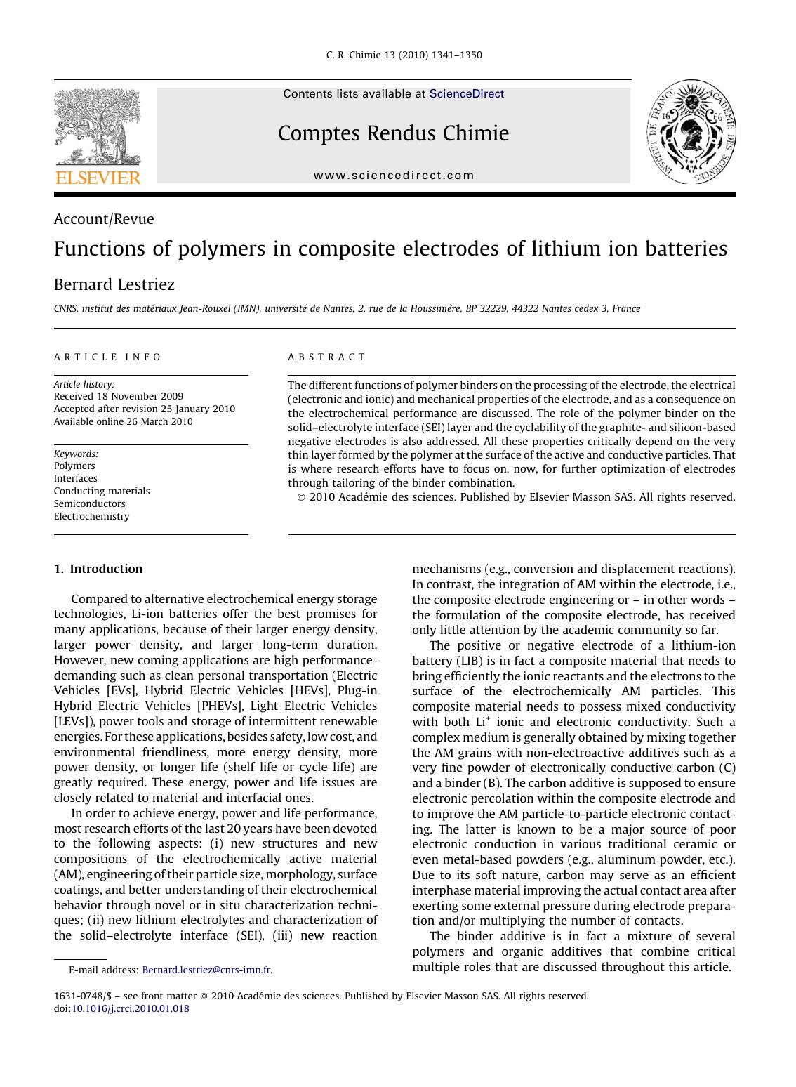 Functions of polymers in composite electrodes of lithium ion batteries by Bernard Lestriez