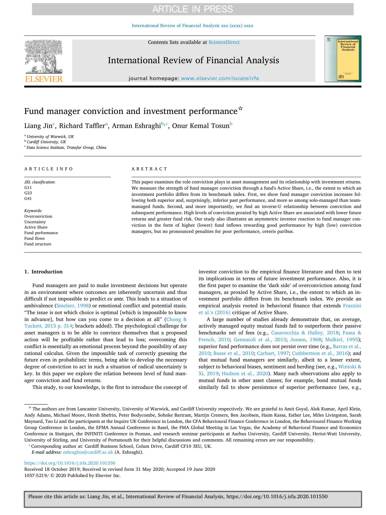 Fund manager conviction and investment performance by Liang Jin & Richard Taffler & Arman Eshraghi & Onur Kemal Tosun