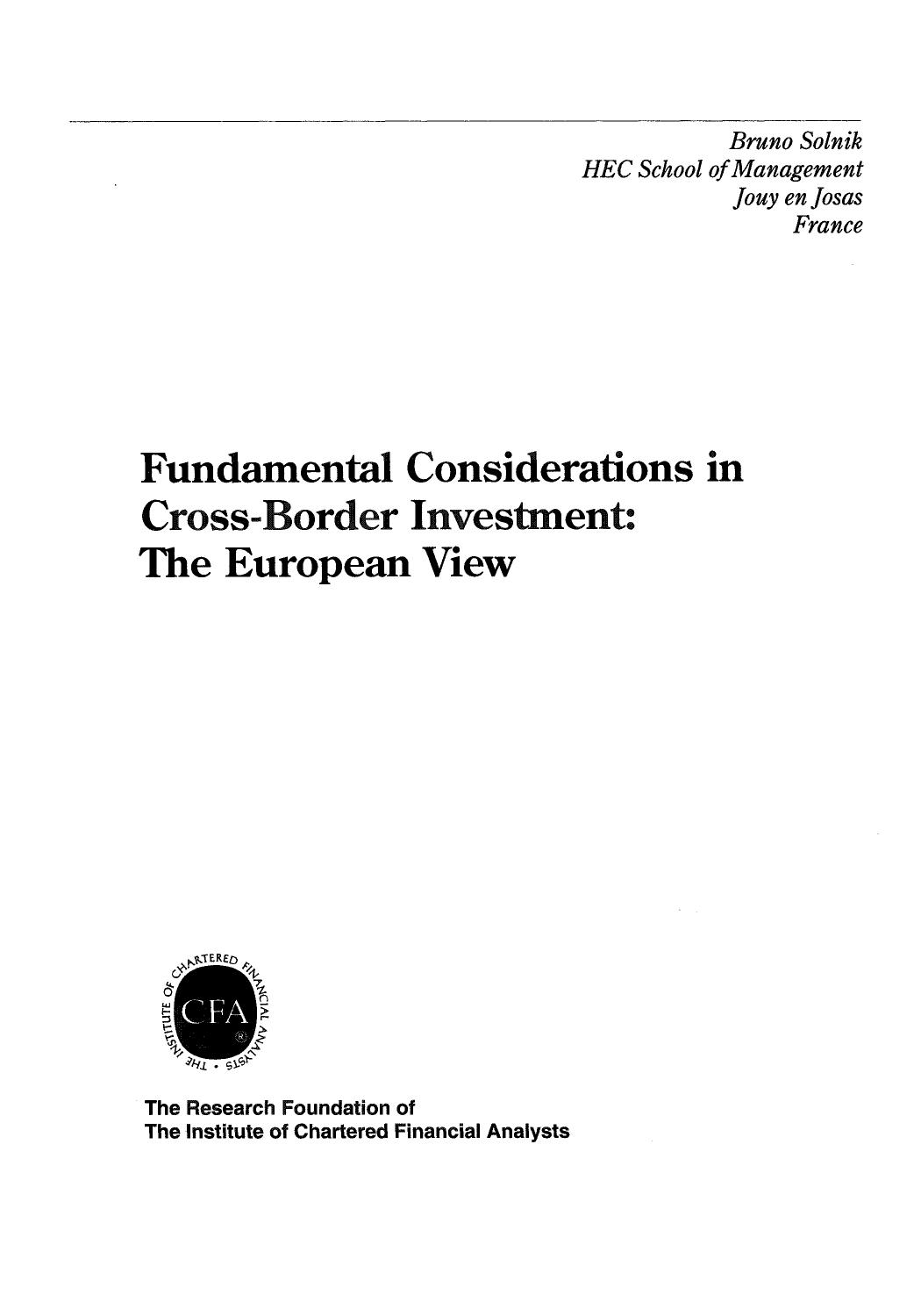 Fundamental Considerations in Cross-Border Investment: The European View by Bruno Solnik
