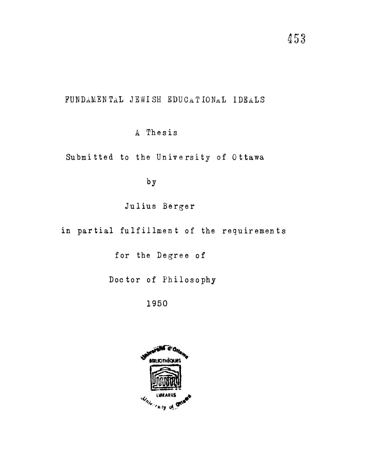 Fundamental Jewish educational ideals: A thesis by Berger Julius