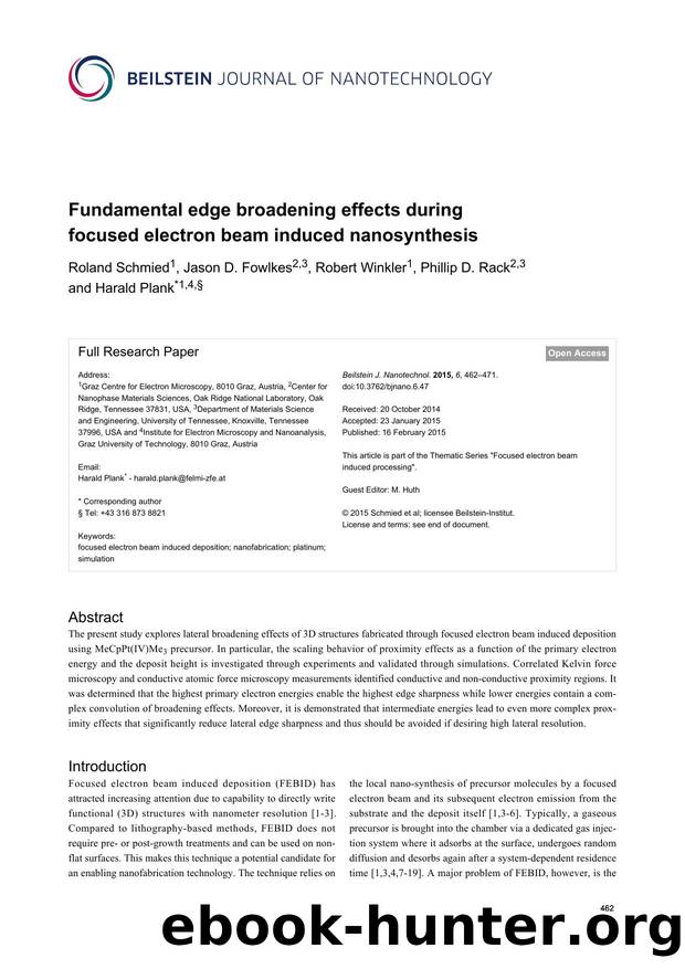 Fundamental edge broadening effects during focused electron beam induced nanosynthesis by Roland Schmied Jason D. Fowlkes Robert Winkler Phillip D. Rack Harald Plank