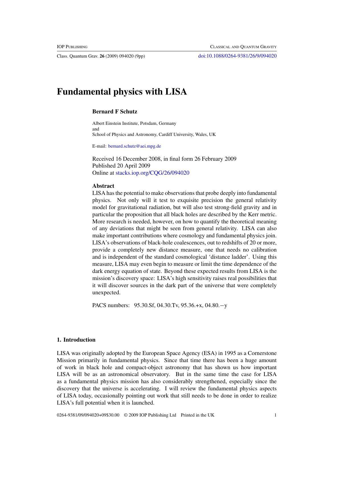 Fundamental physics with LISA by B F Schutz