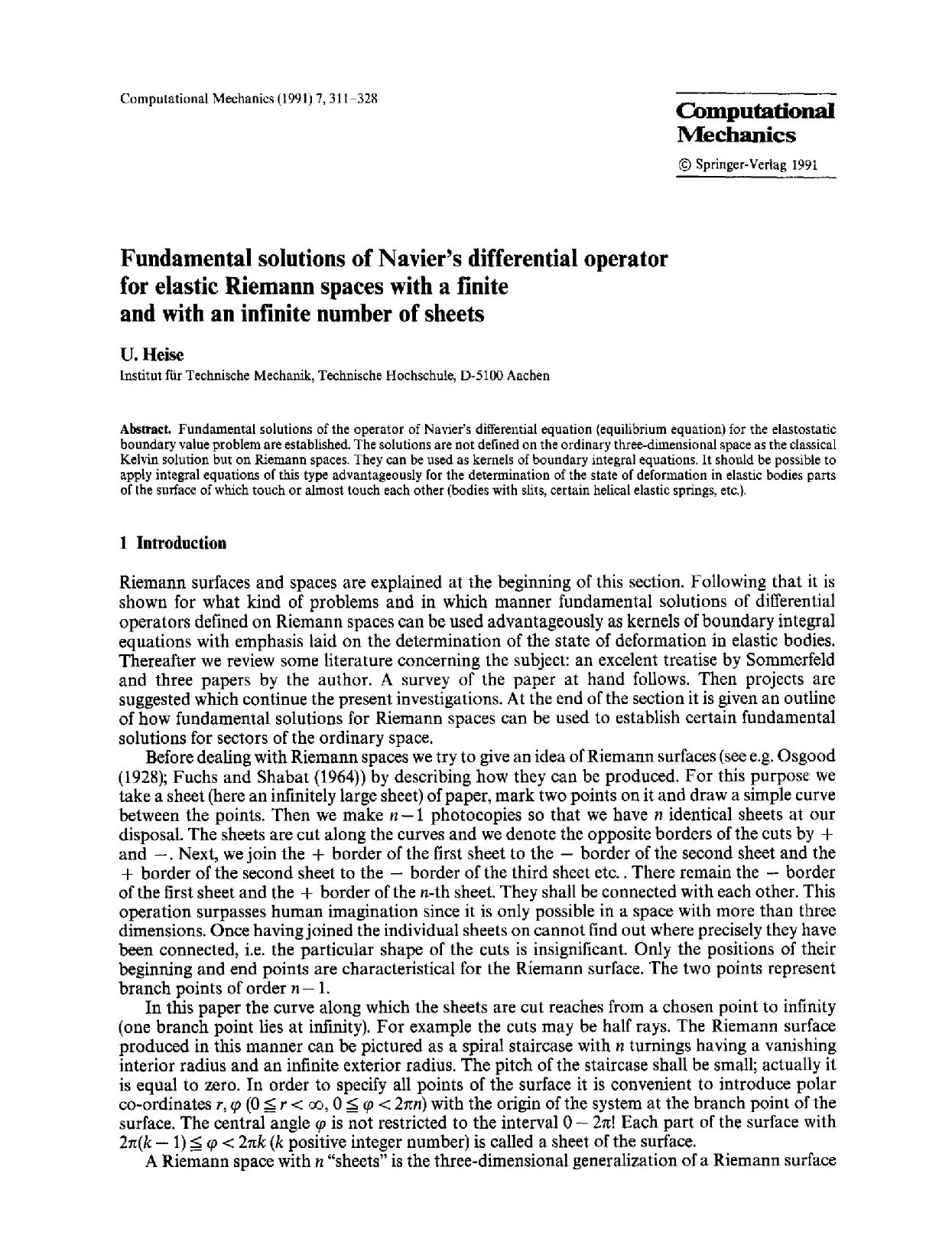 Fundamental solutions of Navier's differential operator for elastic Riemann spaces with a finite and with an infinite number of sheets by Unknown