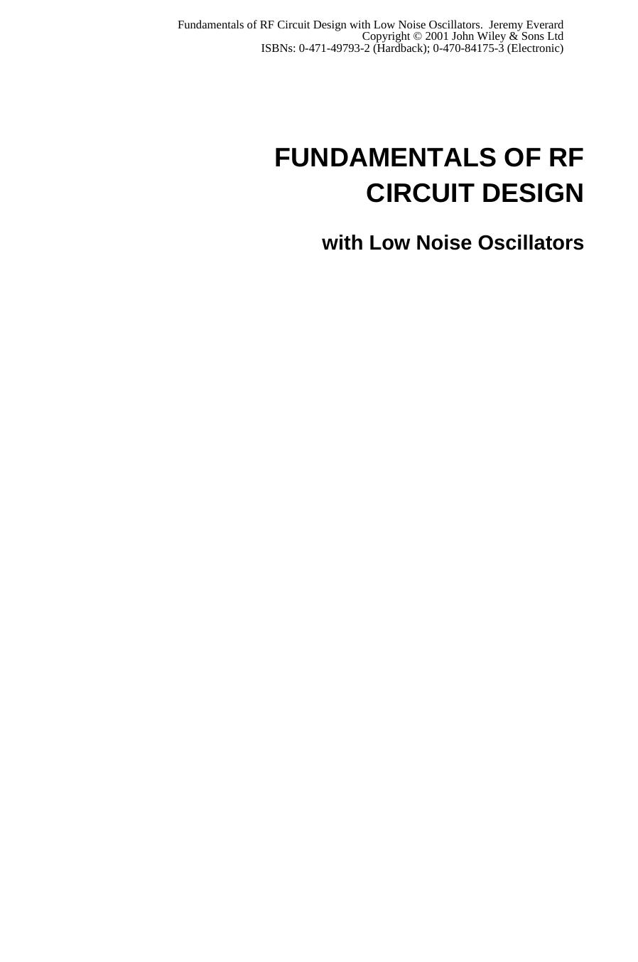 Fundamentals Of RF Circuit Design With Low Noise Oscillators by Unknown