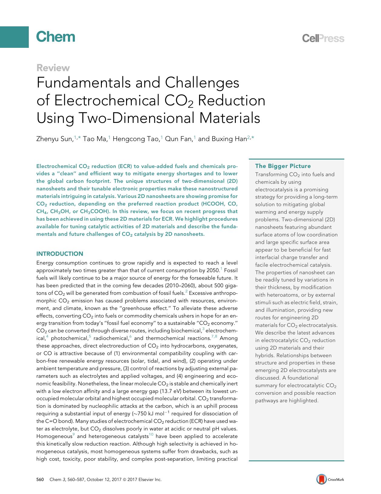 Fundamentals and Challenges of Electrochemical CO2 Reduction Using Two-Dimensional Materials by Zhenyu Sun & Tao Ma & Hengcong Tao & Qun Fan & Buxing Han