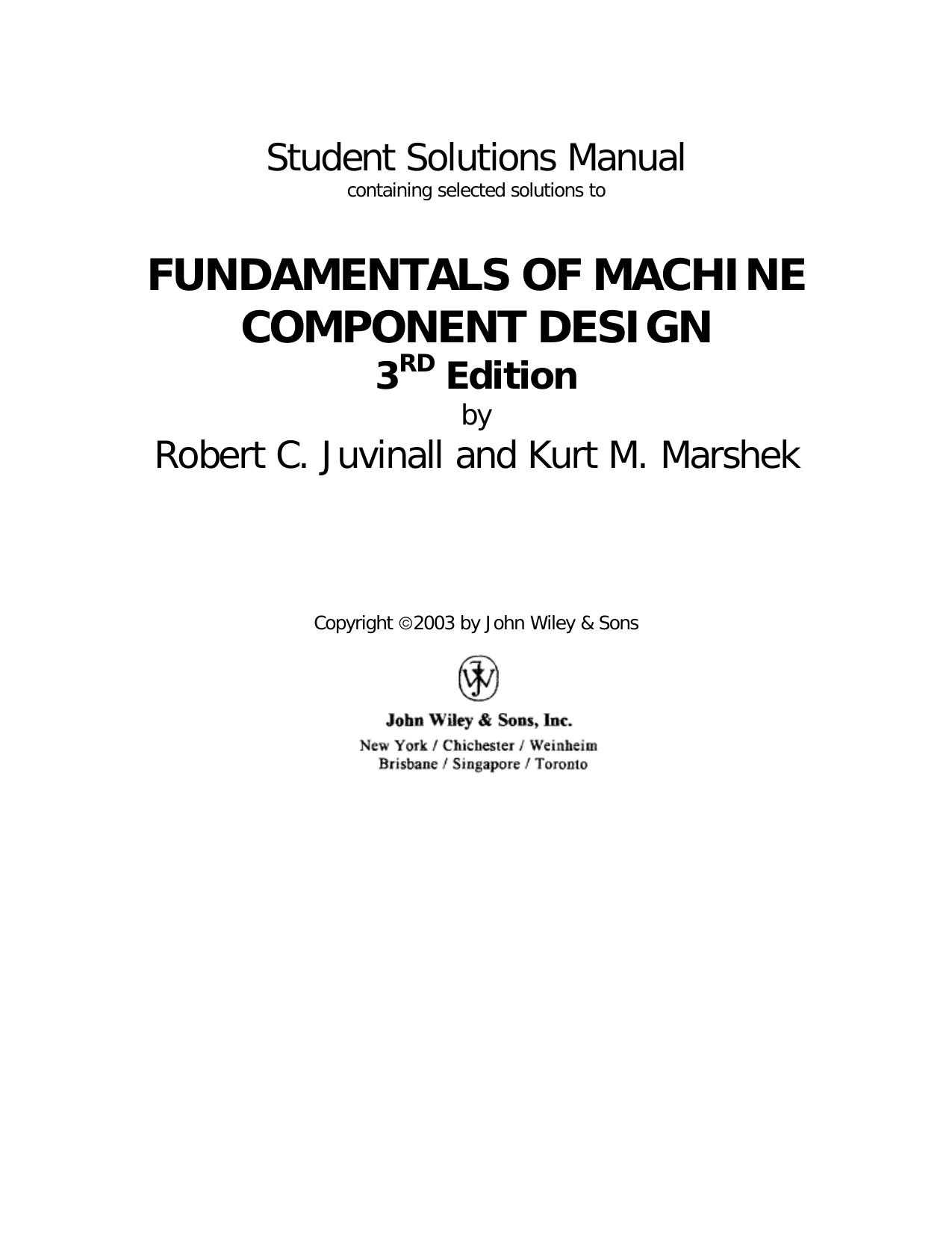Fundamentals of Machine Component Design - 3rd ed by Student Solutions Manual