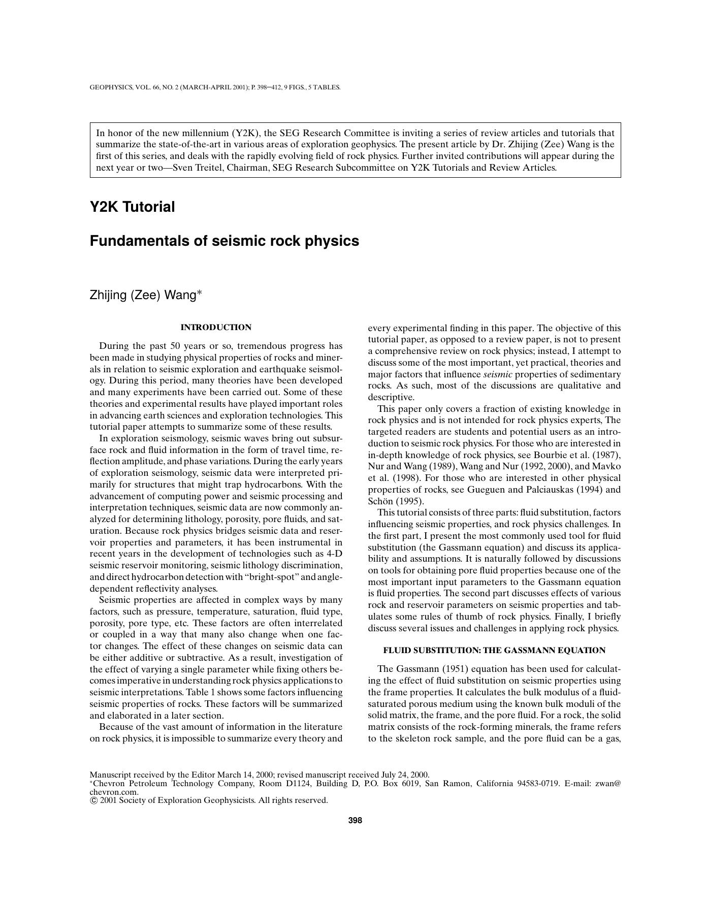 Fundamentals of seismic rock physics by Z. Wang