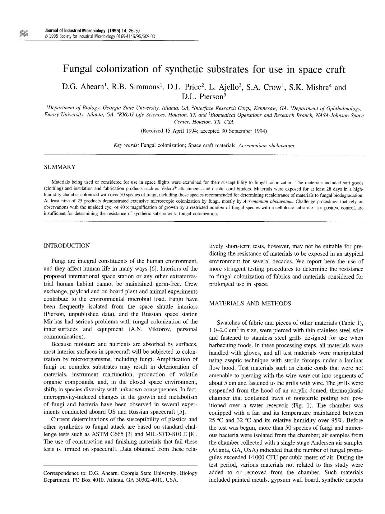 Fungal colonization of synthetic substrates for use in space craft by Unknown