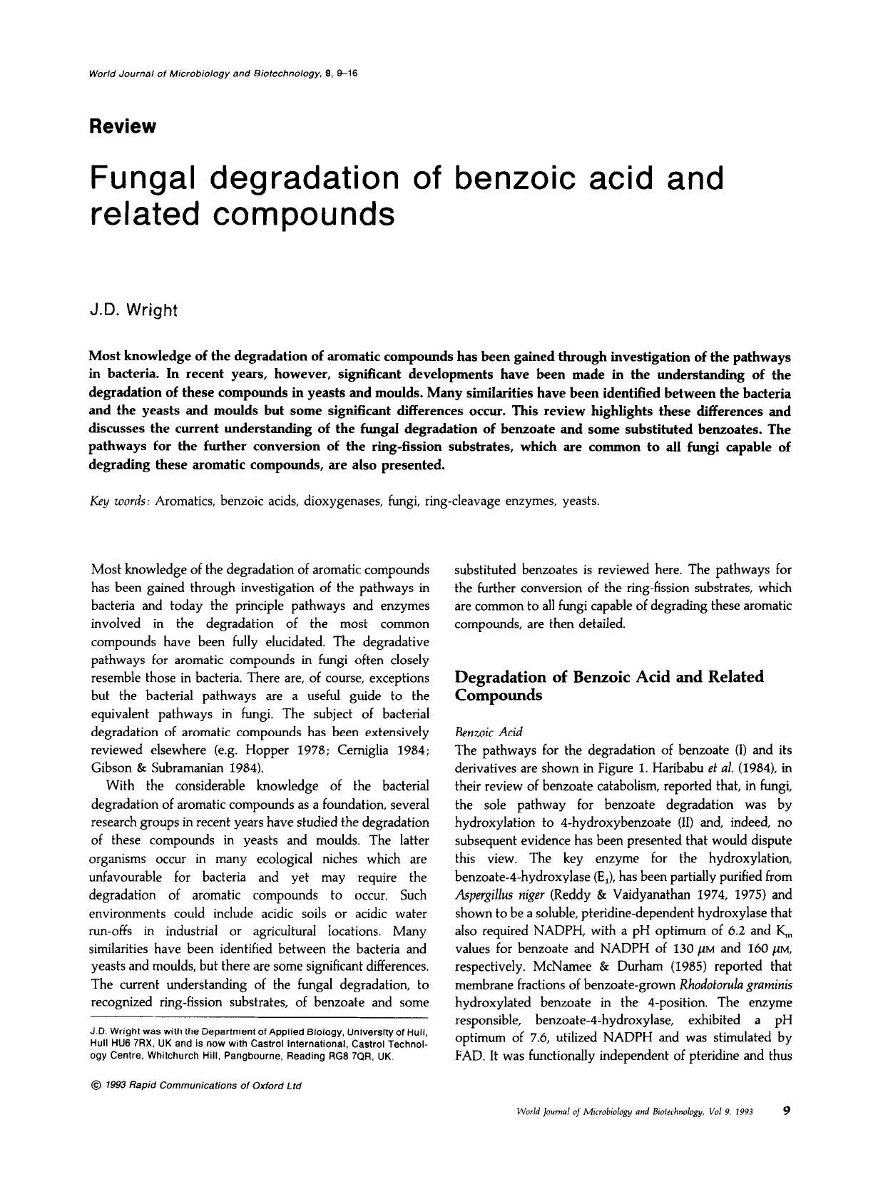 Fungal degradation of benzoic acid and related compounds by Unknown