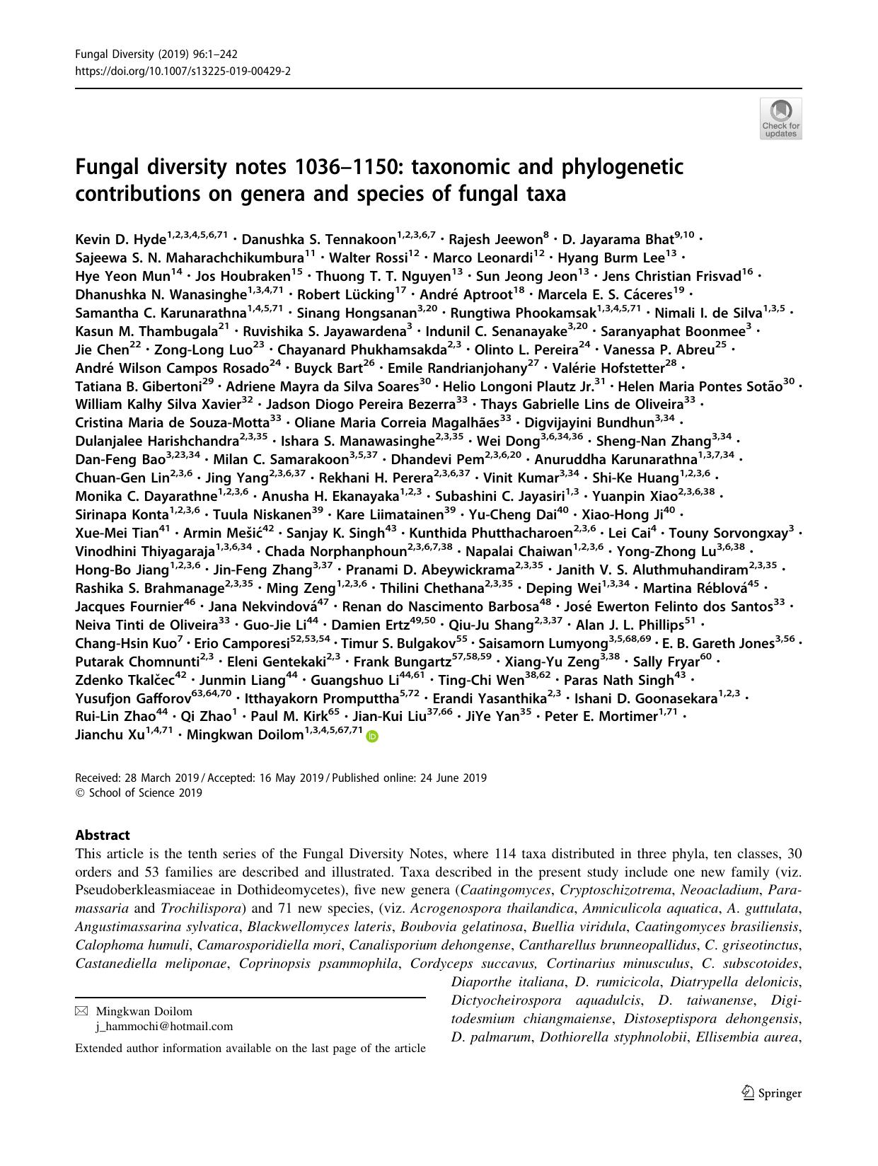 Fungal diversity notes 1036â1150: taxonomic and phylogenetic contributions on genera and species of fungal taxa by unknow
