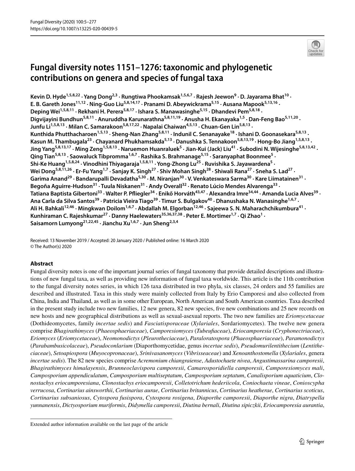 Fungal diversity notes 1151â1276: taxonomic and phylogenetic contributions on genera and species of fungal taxa by unknow