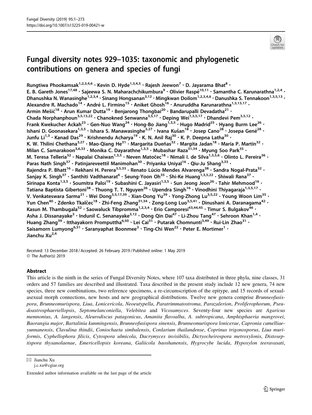 Fungal diversity notes 929â1035: taxonomic and phylogenetic contributions on genera and species of fungi by unknow