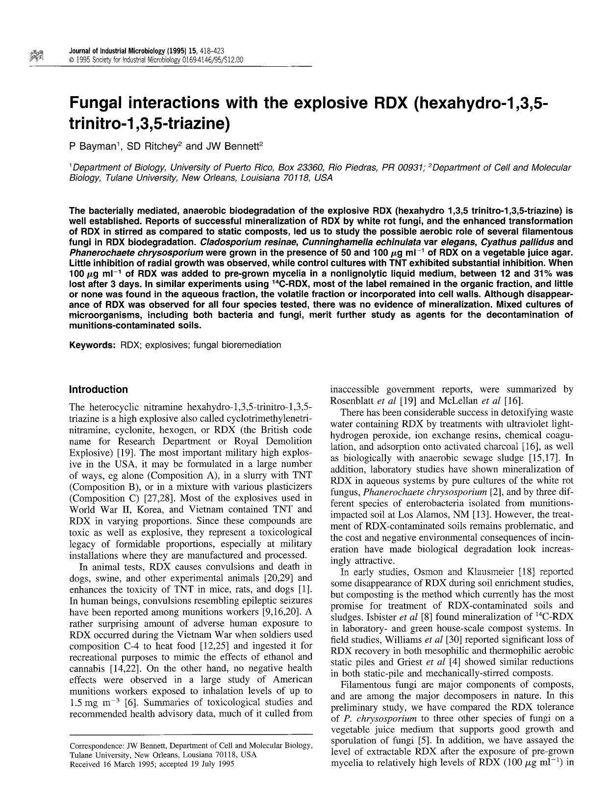 Fungal interactions with the explosive RDX (hexahydro-1,3,5-trinitro-1,3,5-triazine) by Unknown
