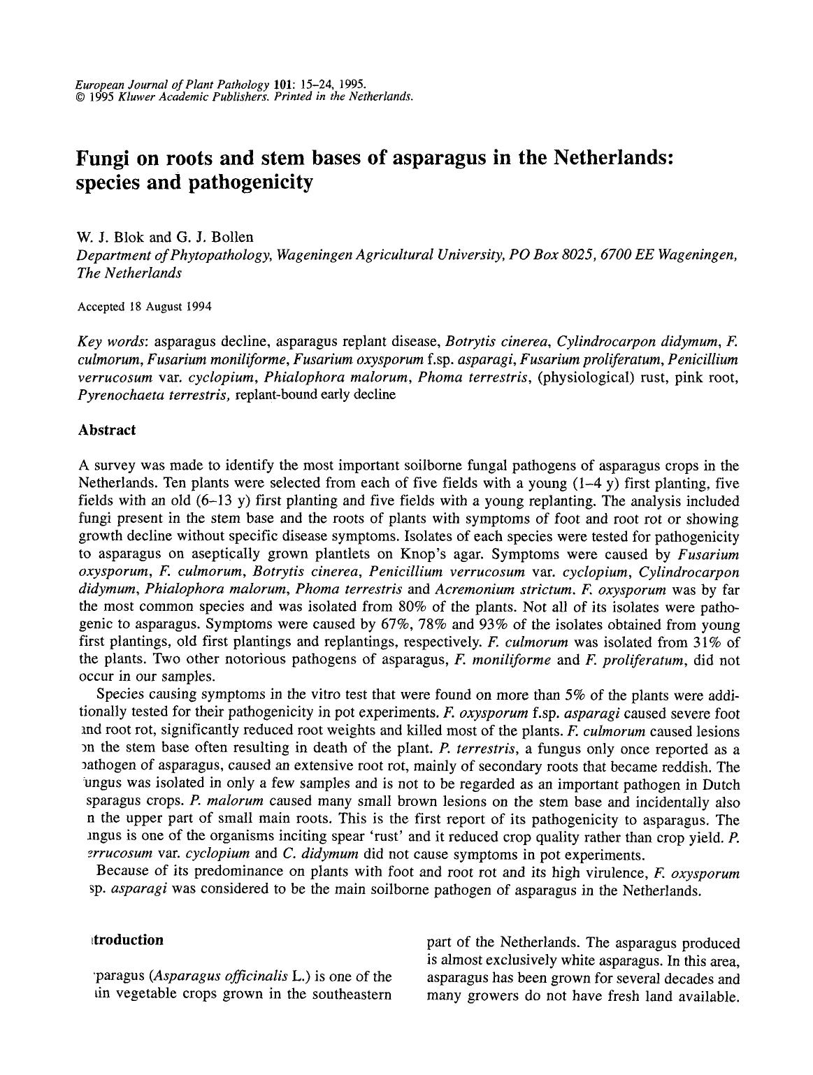 Fungi on roots and stem bases of asparagus in the Netherlands: species and pathogenicity by Unknown