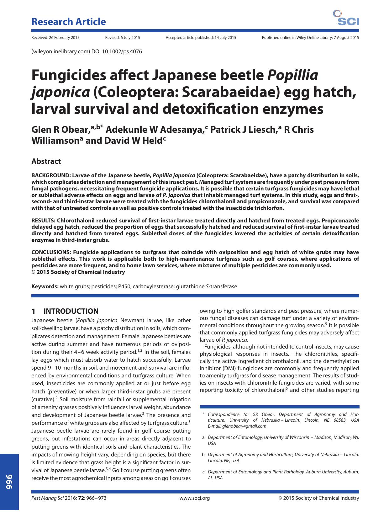 Fungicides affect Japanese beetle Popillia japonica (Coleoptera: Scarabaeidae) egg hatch, larval survival and detoxification enzymes by Unknown