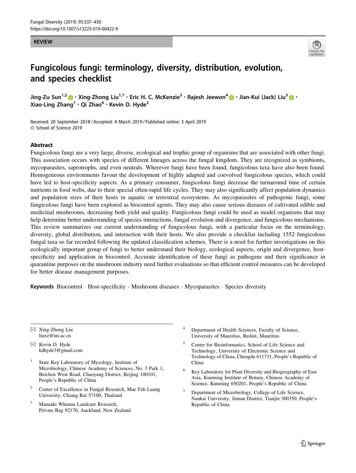 Fungicolous fungi: terminology, diversity, distribution, evolution, and species checklist by unknow
