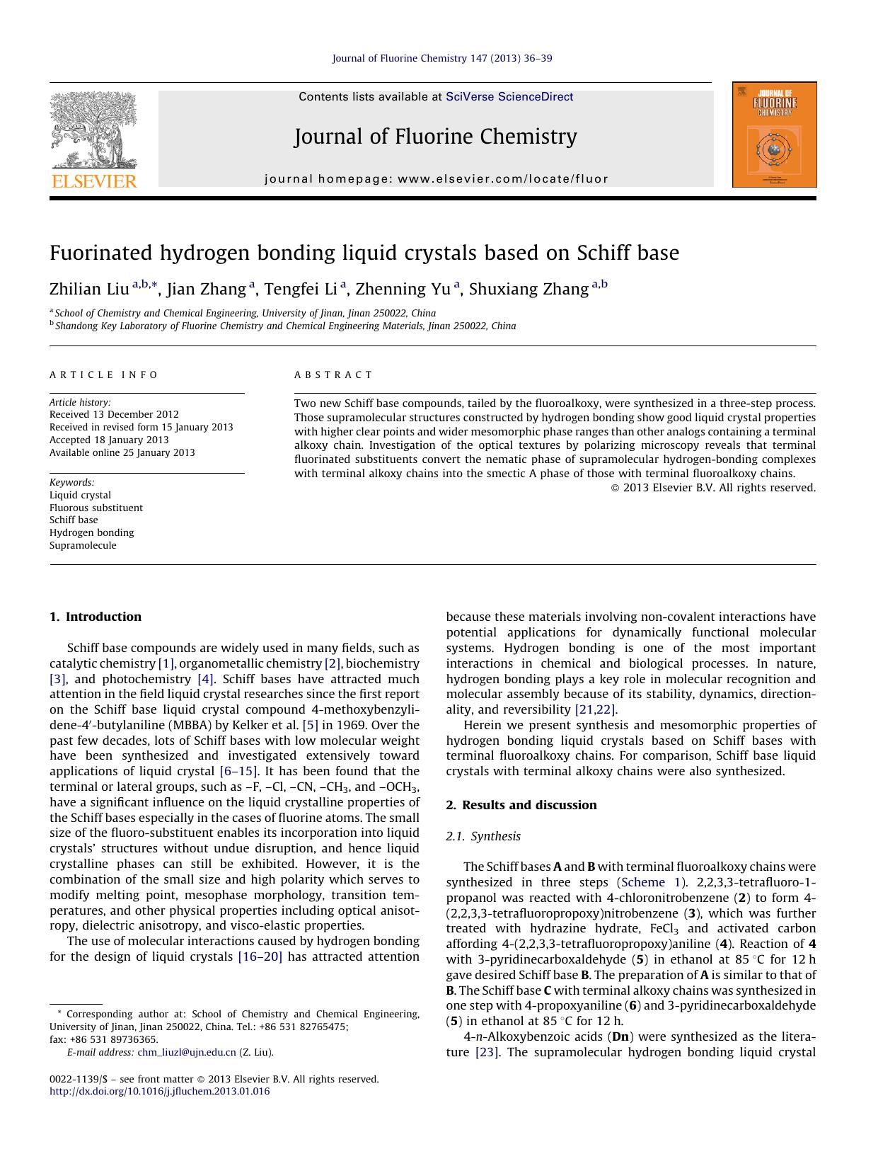 Fuorinated hydrogen bonding liquid crystals based on Schiff base by Zhilian Liu