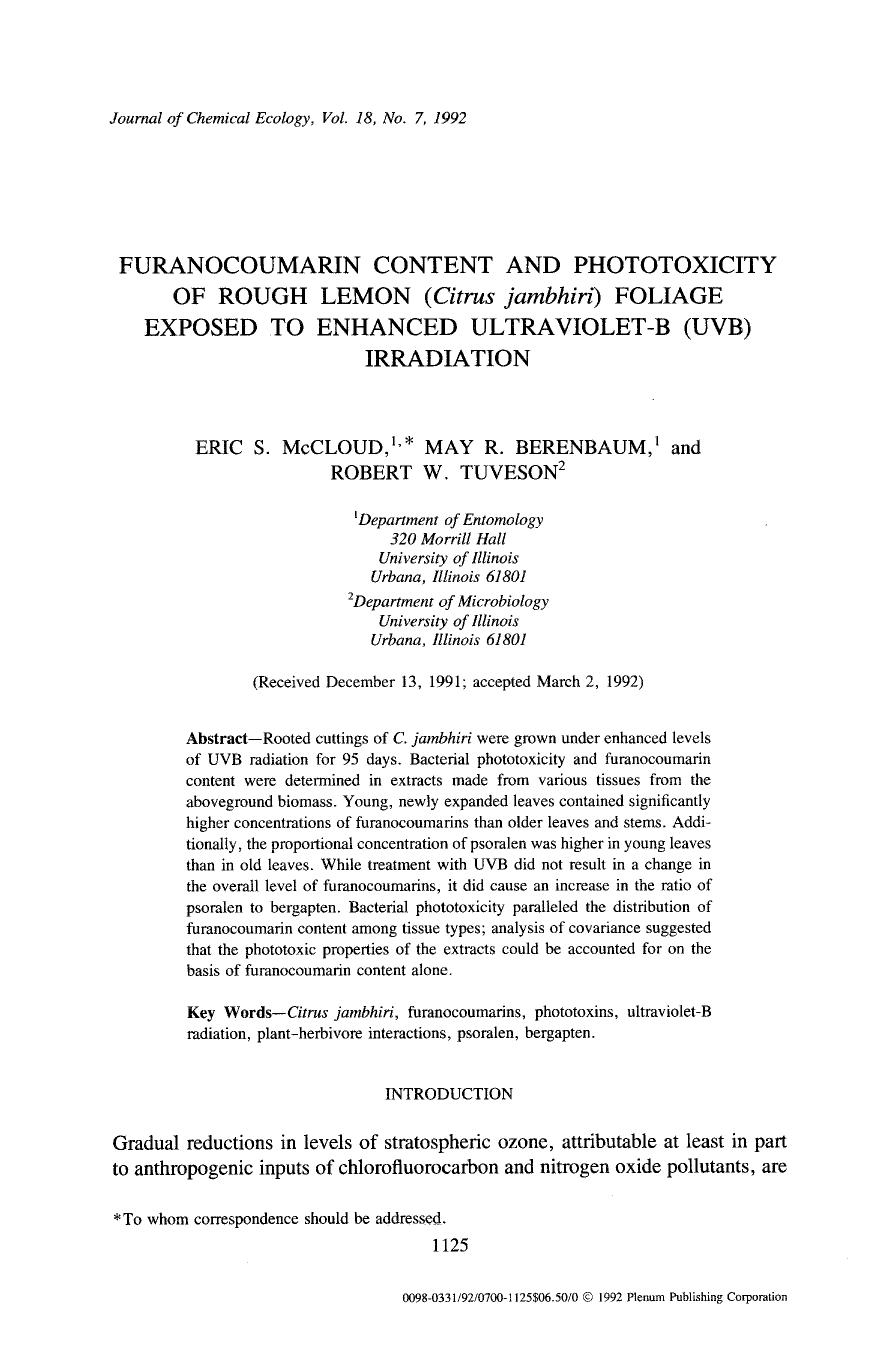 Furanocoumarin content and phototoxicity of rough lemon ( <Emphasis Type="Italic">Citrus jambhiri) <Emphasis> foliage exposed to enhanced ultraviolet-B (UVB) irradiation by Unknown