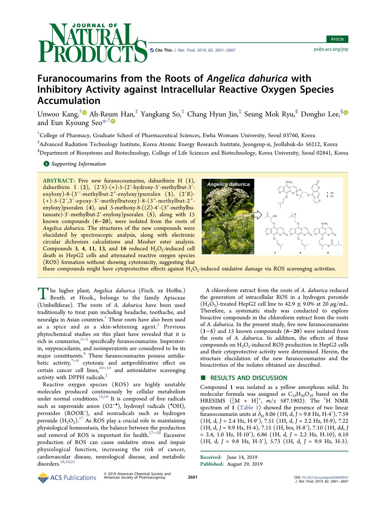 Furanocoumarins from the Roots of Angelica dahurica with Inhibitory Activity against Intracellular Reactive Oxygen Species Accumulation by unknow