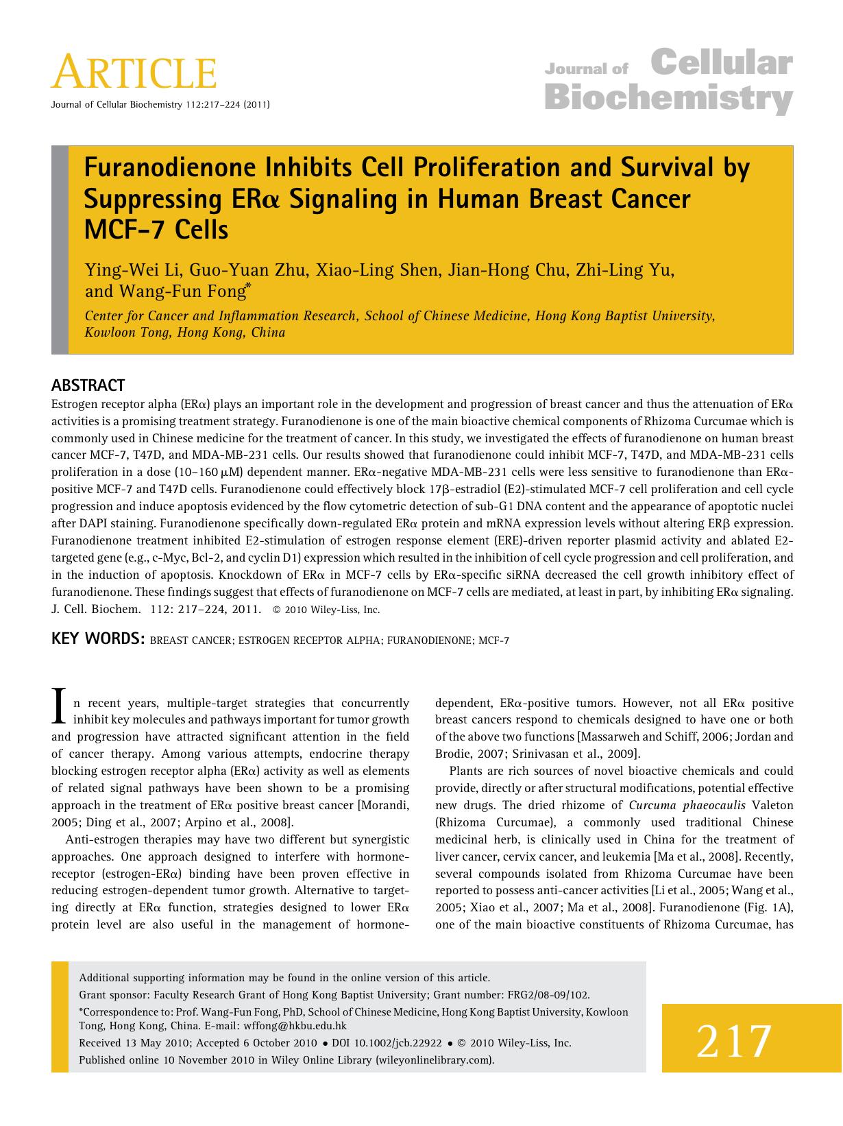 Furanodienone inhibits cell proliferation and survival by suppressing ER signaling in human breast cancer MCF7 cells by Unknown