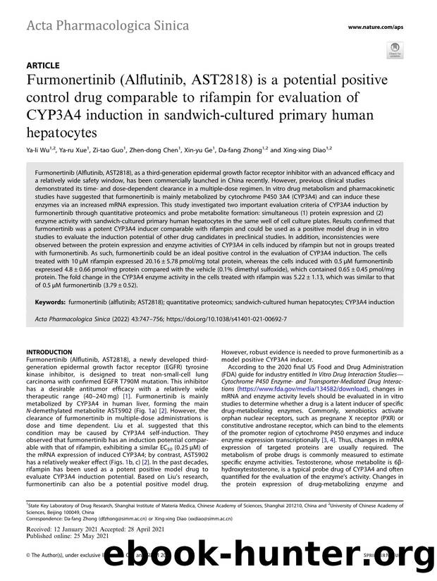 Furmonertinib (Alflutinib, AST2818) is a potential positive control drug comparable to rifampin for evaluation of CYP3A4 induction in sandwich-cultured primary human hepatocytes by Ya-li Wu & Ya-ru Xue & Zi-tao Guo & Zhen-dong Chen & Xin-yu Ge & Da-fang Zhong & Xing-xing Diao