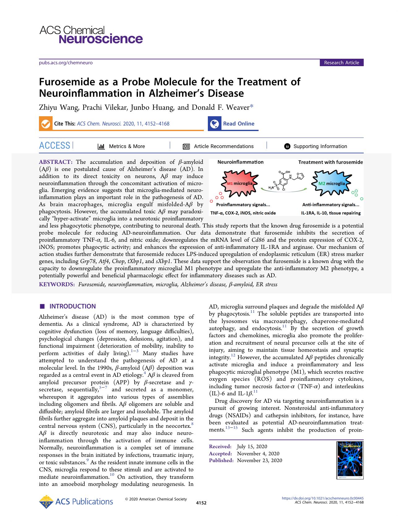 Furosemide as a Probe Molecule for the Treatment of Neuroinflammation in Alzheimerâs Disease by Zhiyu Wang Prachi Vilekar Junbo Huang and Donald F. Weaver