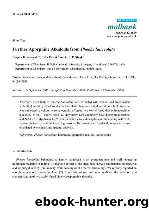 Further Aporphine Alkaloids from Phoebe lanceolata by Deepak K. Semwal & Usha Rawat & G. J. P. Singh