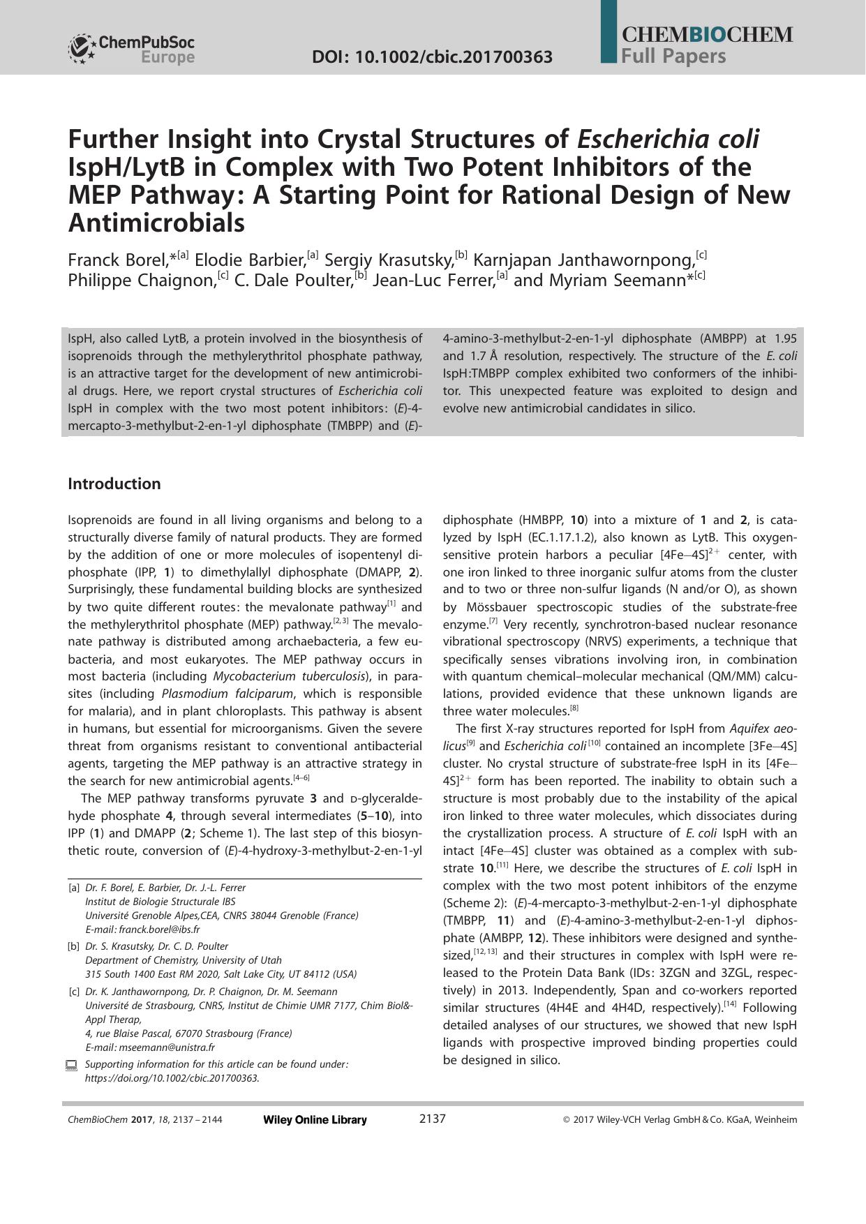 Further Insight into Crystal Structures of Escherichia coli IspHLytB in Complex with Two Potent Inhibitors of the MEP Pathway: A Starting Point for Rational Design of New Antimicrobials by Unknown