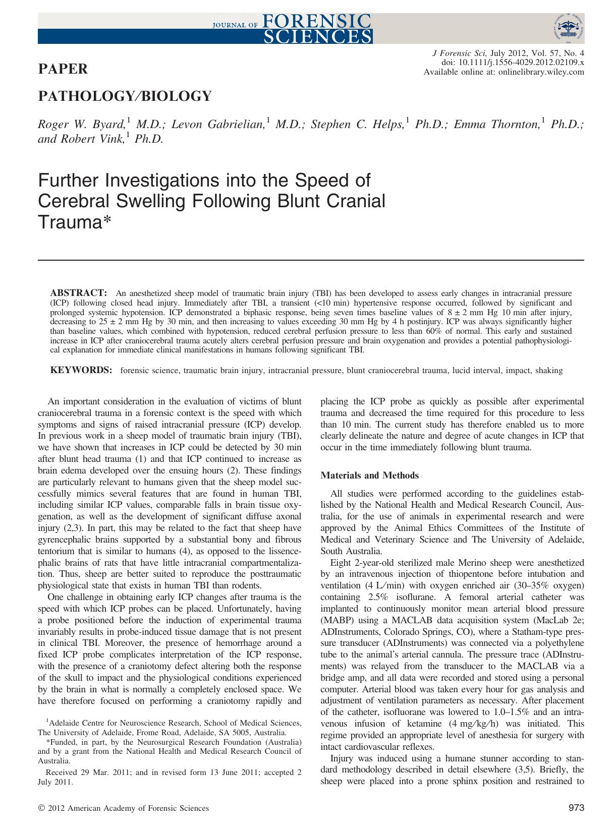 Further Investigations into the Speed of Cerebral Swelling Following Blunt Cranial Trauma by Unknown