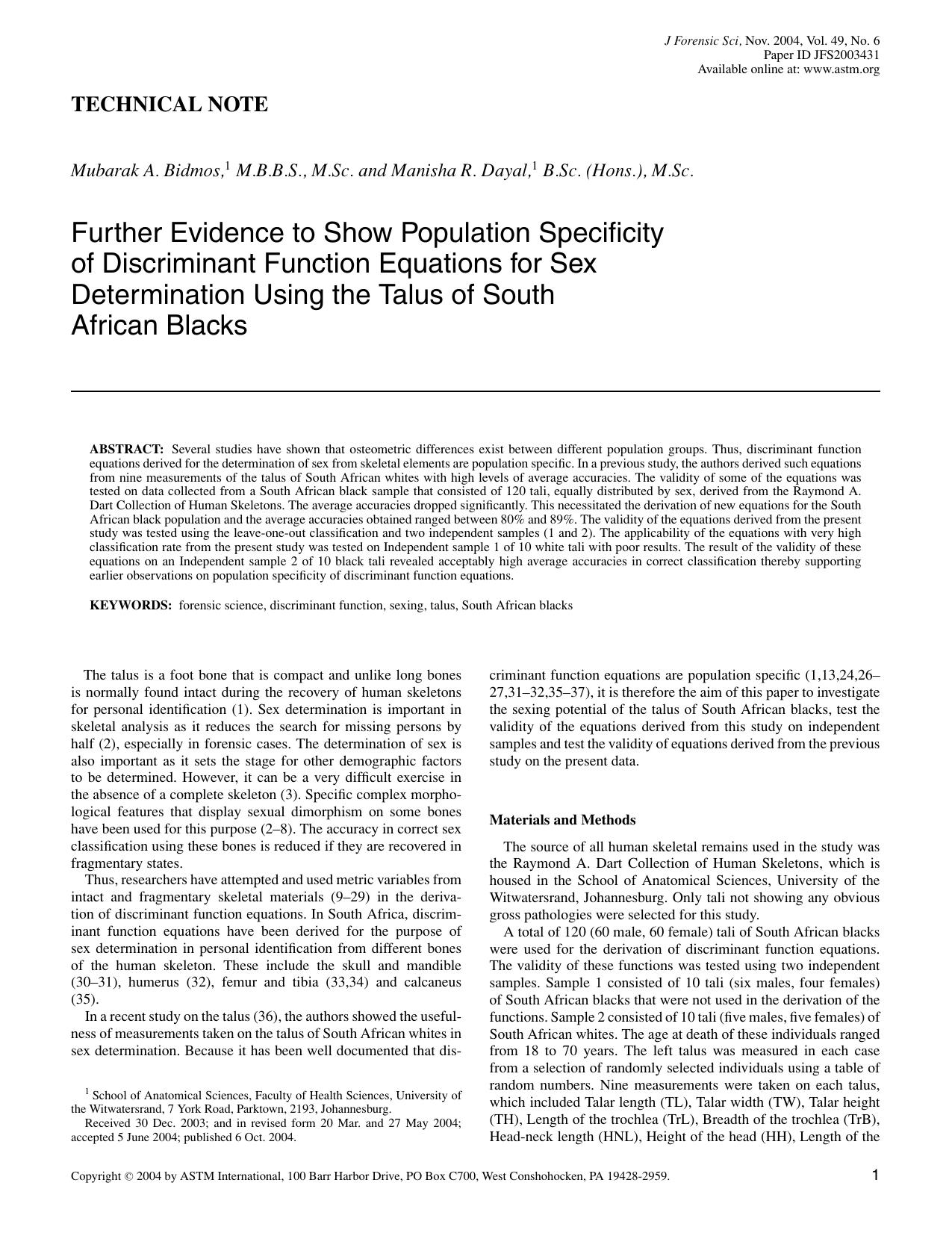 Further evicence to show population specificity of discriminant function equations for sex determination using the talus of South African Blacks by Bidmos MA Dayal MR