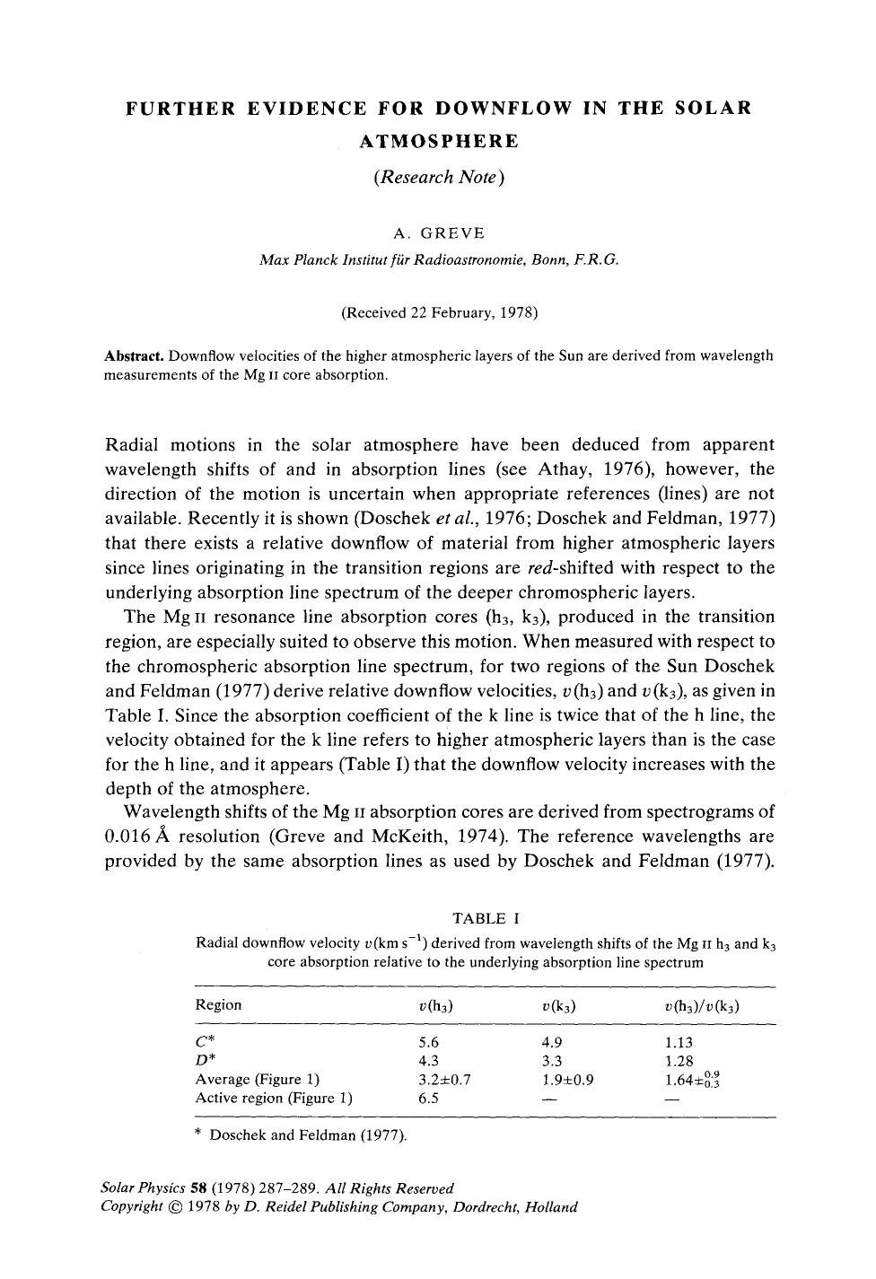 Further evidence for downflow in the solar atmosphere by Unknown